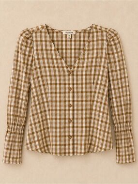 Madewell Plaid Button Front Peasant Top Brown Cream Cotton Small